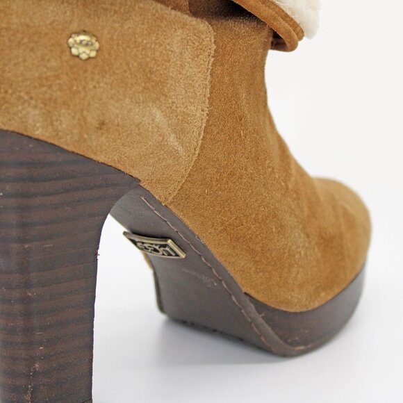 UGG ‘Dandylion II’ Suede Sheepskin Foldover Shearling Heeled Booties in Chestnut - Picture 10 of 10